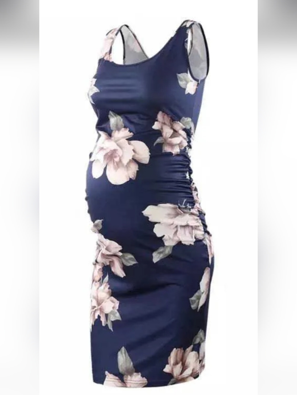 5/$20 Navy Floral Tank Ruched Maternity Dress with Pink Blooms